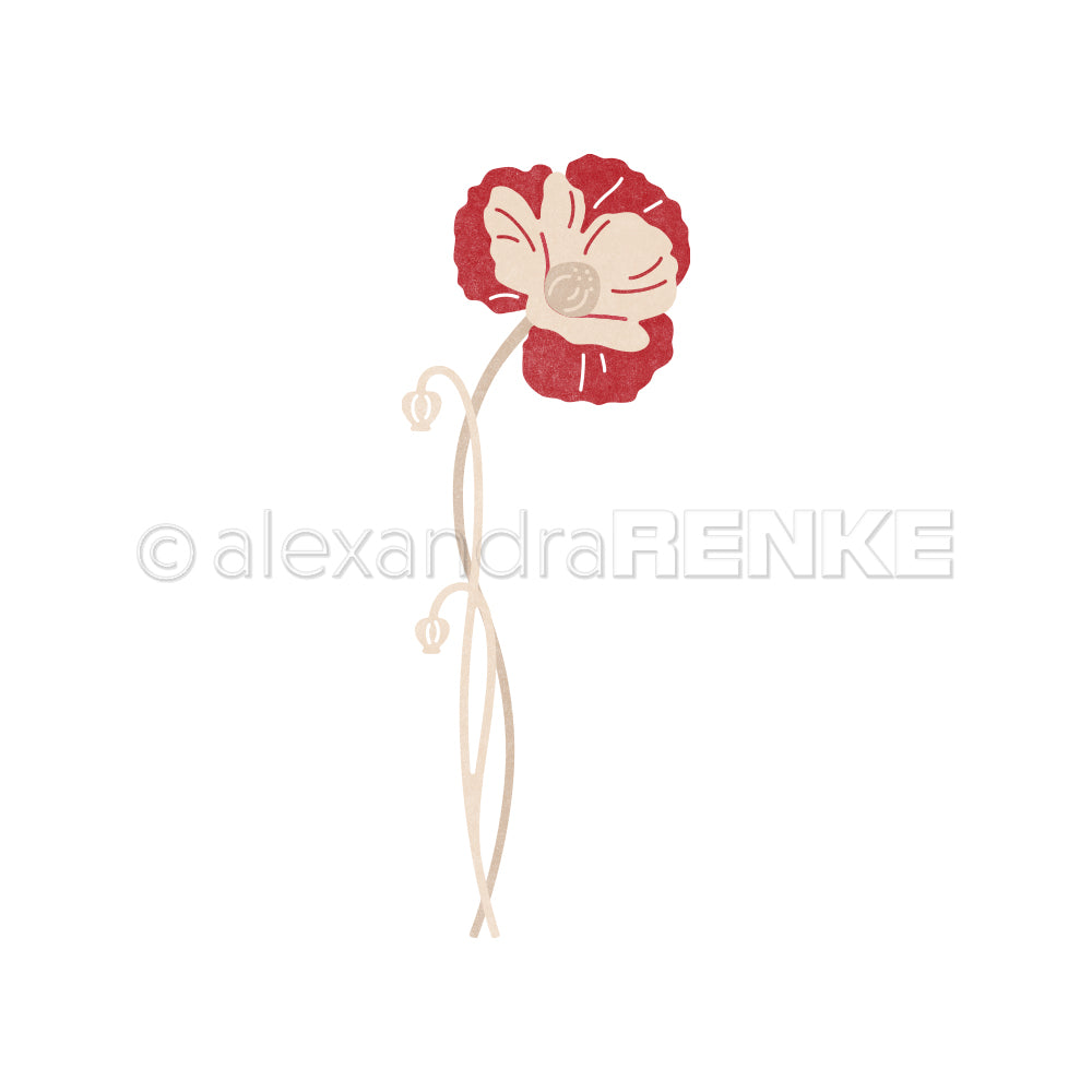 Eine schlichte Illustration einer roten Mohnblume mit beigem Stiel und Blättern auf Weiß, perfekt für Designpapiere oder als Inspiration für die Motivstanze Schichtblume 6 Stanzsysteme von Alexandra Renke.