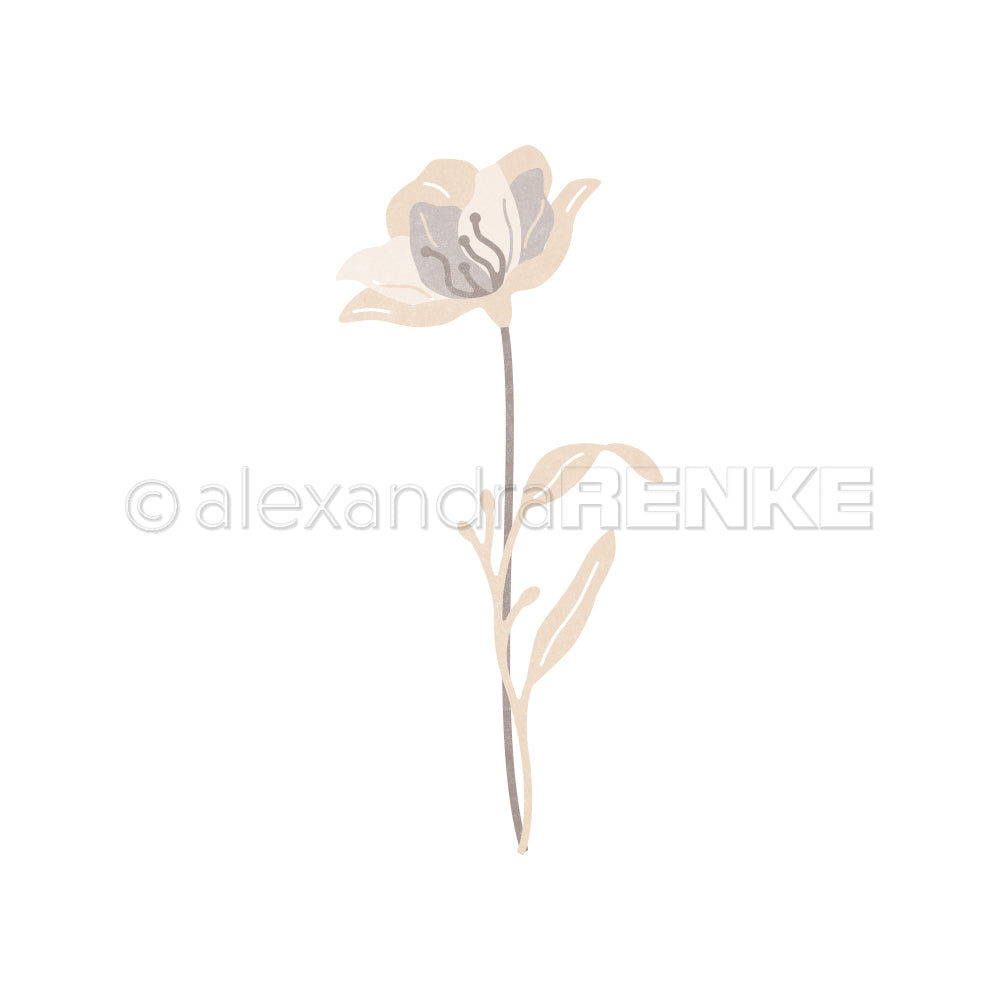 Minimalistische Illustration einer einzelnen beigen Schichtblume 7 von Alexandra Renke mit hellgrauen Akzenten und einem schlanken Stiel, ideal als Inspiration für Motivstanze oder Stanzsysteme auf weißem Hintergrund.