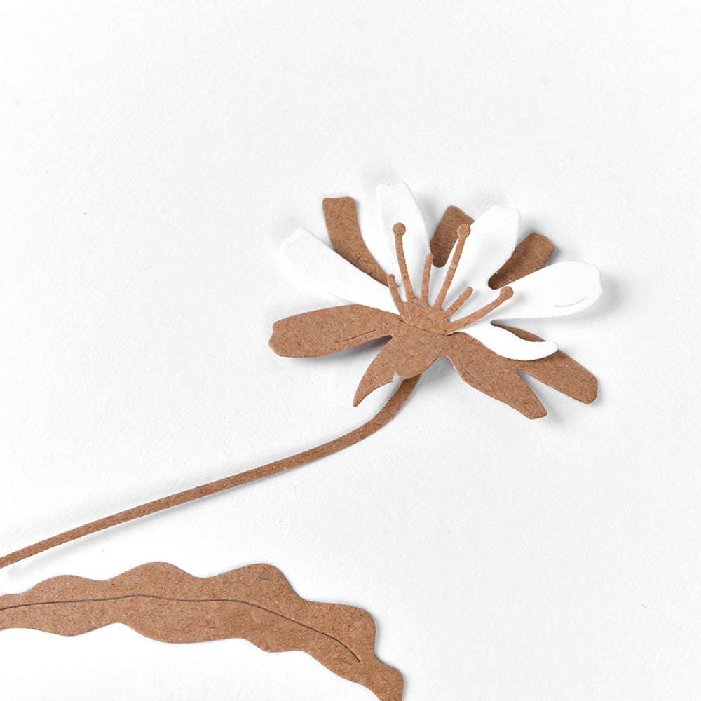 Ein Scherenschnitt einer braunen und weißen Schichtblume 8 mit Stiel und Blatt auf weißem Hintergrund, hergestellt mit Alexandra Renke Motivstanze Stanzsysteme.