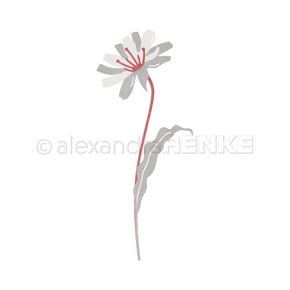 Minimalistische Illustration einer abstrakten Blume mit grauen Blütenblättern und rotem Stiel auf weißem Grund, inspiriert von den eleganten Formen der Schichtblume 8 Motivstanze von Alexandra Renke.