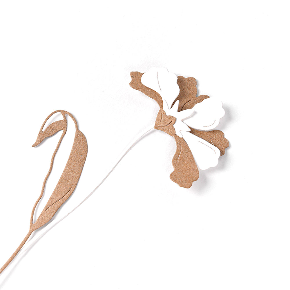 Die minimalistische Papierkunst von Alexandra Renke zeigt einen braunen Schwan und eine weiß-braune Schichtblume 10 auf einem strahlend weißen Hintergrund.