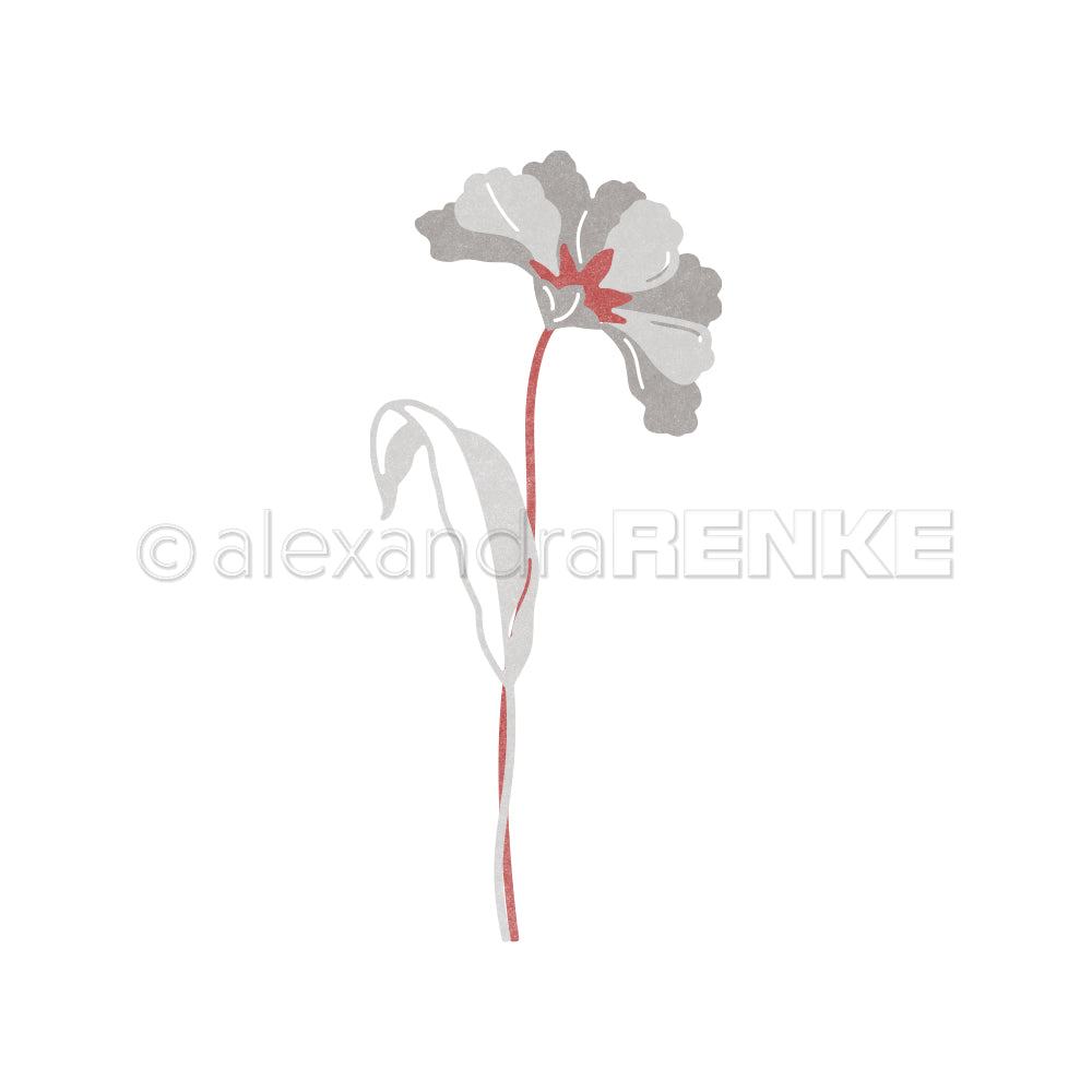 Minimalistische Illustration einer einzelnen grauen und roten Schichtblume 10 mit Stiel und Blatt auf weißem Hintergrund, inspiriert von modernem Motivstanze-Design. Marke: Alexandra Renke.