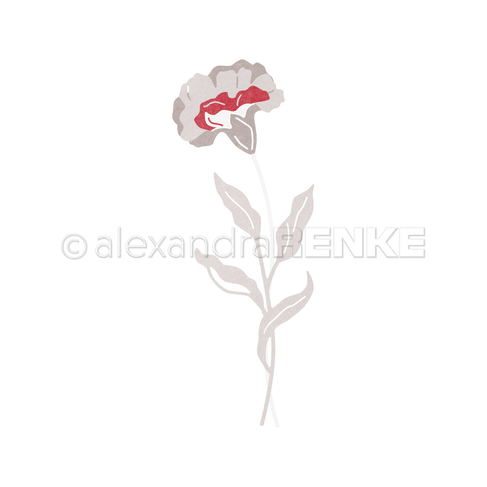 Minimalistische Illustration einer einzelnen Blume mit hellen Blättern und einer rot gefärbten Blüte auf Weiß, inspiriert von Alexandra Renke's Motivstanze Schichtblume 12 für einzigartige Effekte mit DieCut Systemen und Designpapieren.