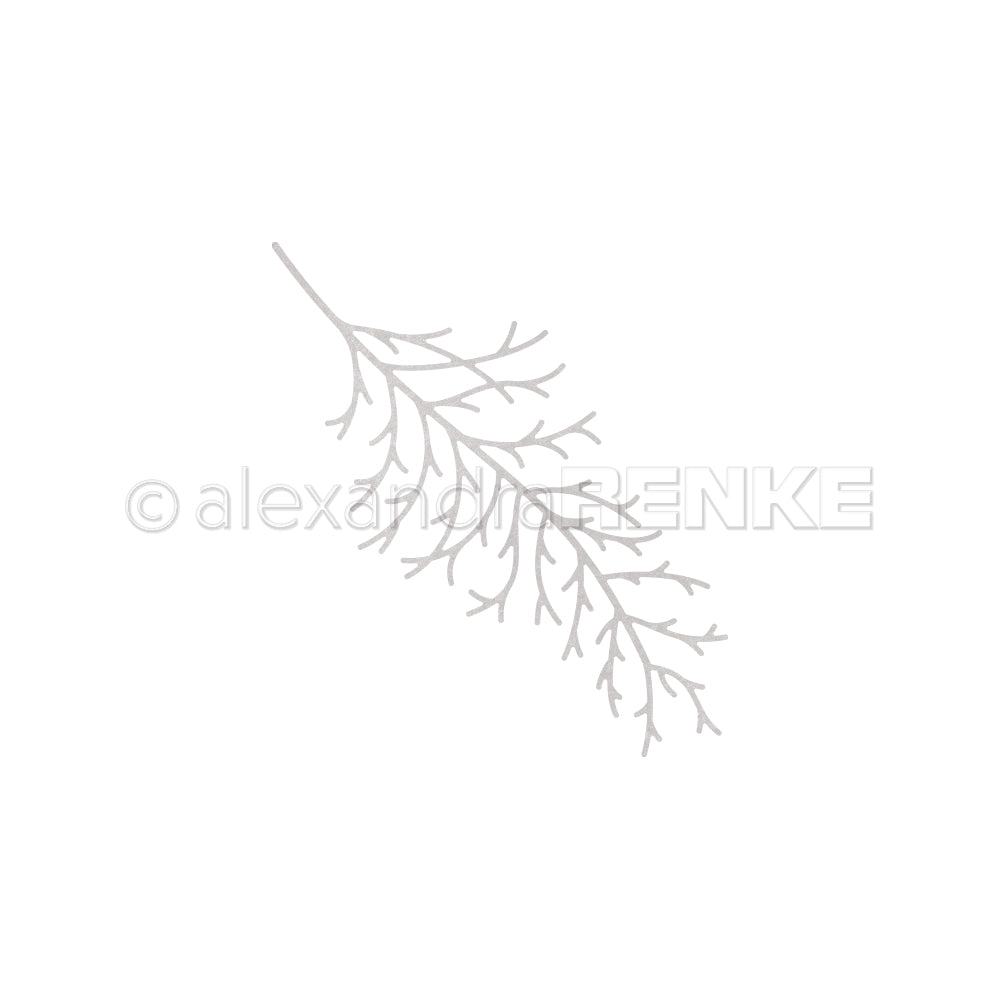 Ein schlichter, hellgrauer botanischer Zweig mit zarten Ästen auf Weiß - ideal für Designpapiere oder als elegantes Detail mit der Alexandra Renke Motivstanze Zypressenzweig.