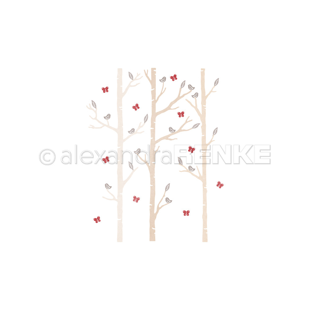 Drei stilisierte beigefarbene Bäume mit kleinen Vögeln und roten Schmetterlingen auf weißem Hintergrund von Alexandra Renke, perfekt, um Ihren Designpapieren Charme zu verleihen oder mit Stanzsystemen wie dem Motivstanze 3 Birken Set zu verwenden.