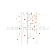 Drei stilisierte beigefarbene Bäume mit kleinen Vögeln und roten Schmetterlingen auf weißem Hintergrund von Alexandra Renke, perfekt, um Ihren Designpapieren Charme zu verleihen oder mit Stanzsystemen wie dem Motivstanze 3 Birken Set zu verwenden.
