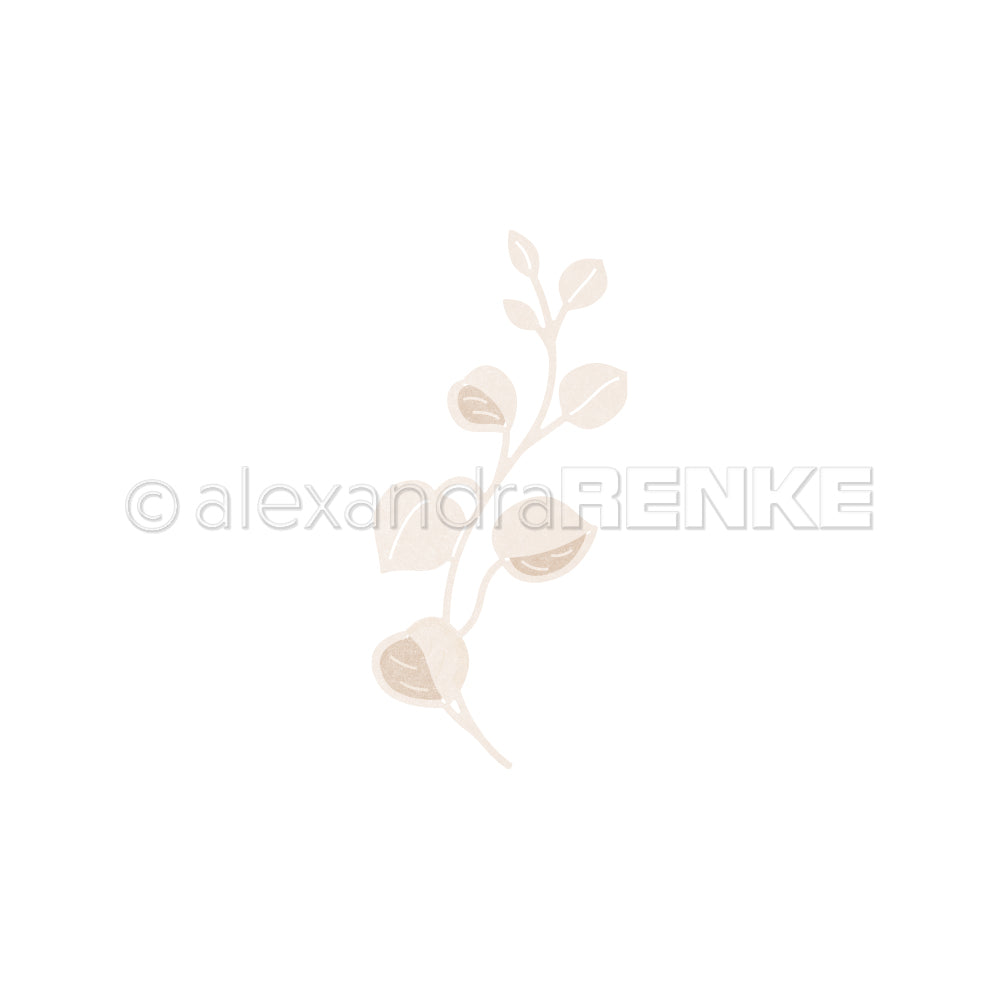 Minimalistische, beigefarbene botanische Illustration eines belaubten Zweiges auf weißem Grund, perfekt um Designpapieren Eleganz zu verleihen oder DieCut Systeme Projekte von Alexandra Renke aufzuwerten.