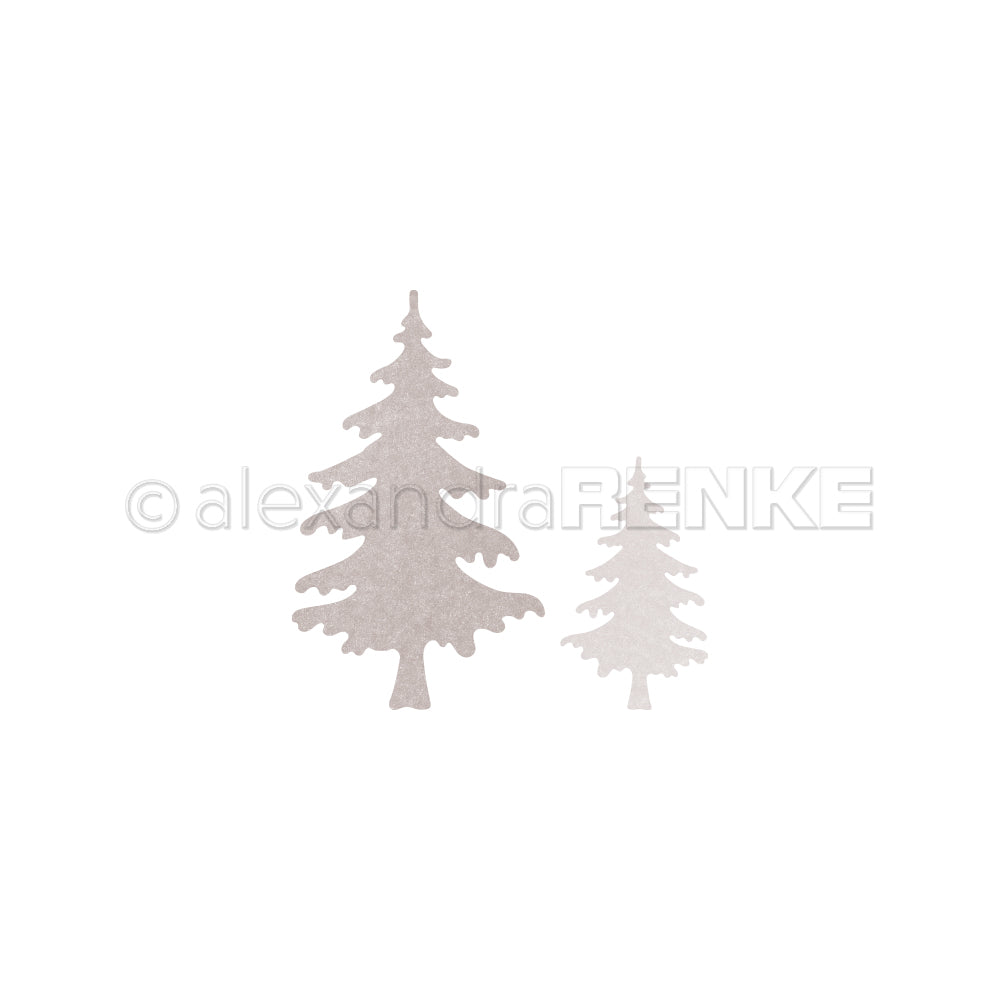 Zwei schlichte, hellbraune Tannenbaum-Silhouetten - geschnitten mit der Alexandra Renke Motivstanze Kleines Tannen-Duo - stehen auf weißem Hintergrund, ideal für die Verwendung mit Stanzen für Designpapier oder DieCut Systemen.