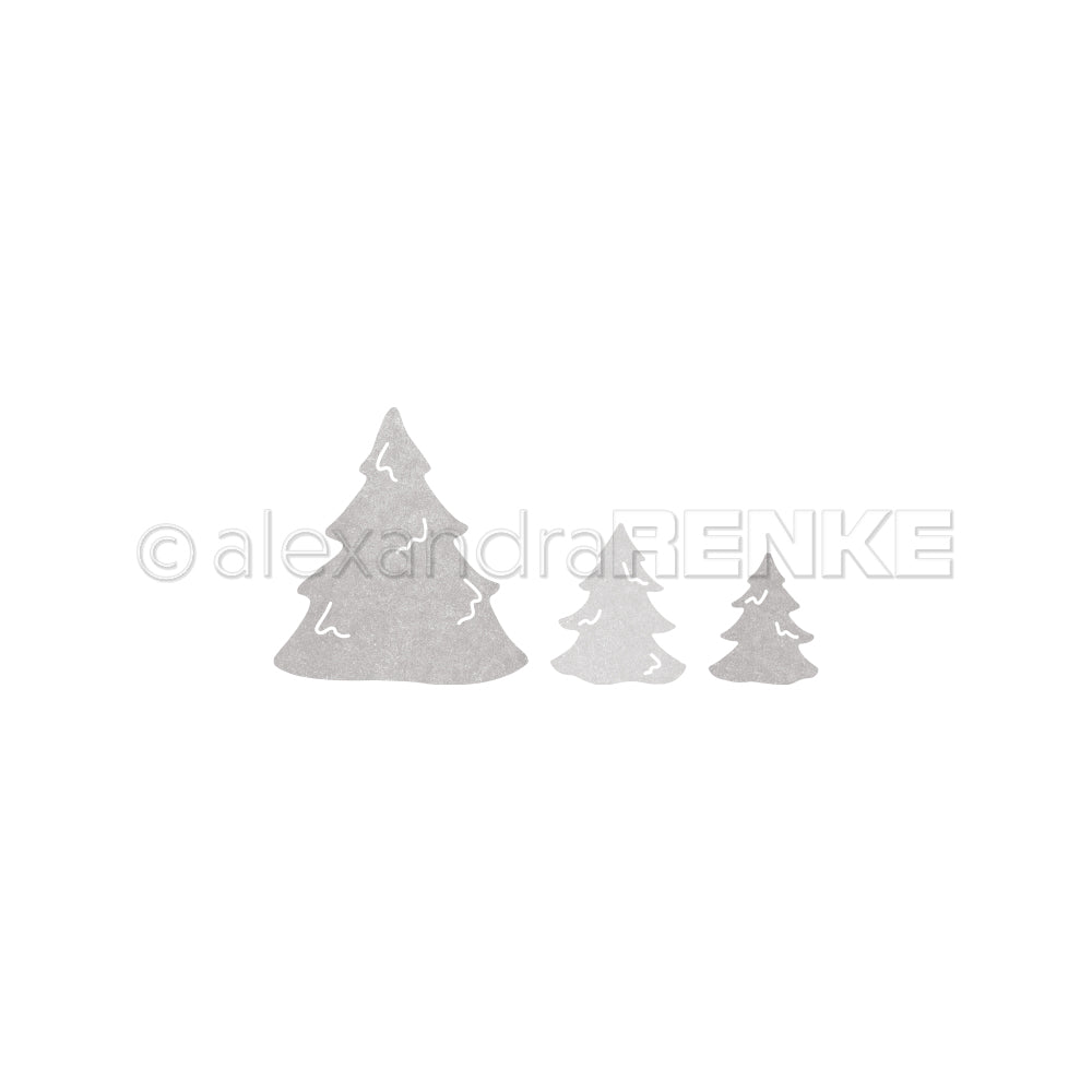Drei silberne Tannenbaum-Silhouetten in klein, mittel und groß von Alexandra Renke auf weißem Hintergrund - perfekt für DieCut Systeme oder als Stanzen für Designpapier. Verleihen Sie Ihren Bastelarbeiten festlichen Charme mit der Motivstanze Kleiner Tannenwald 3.