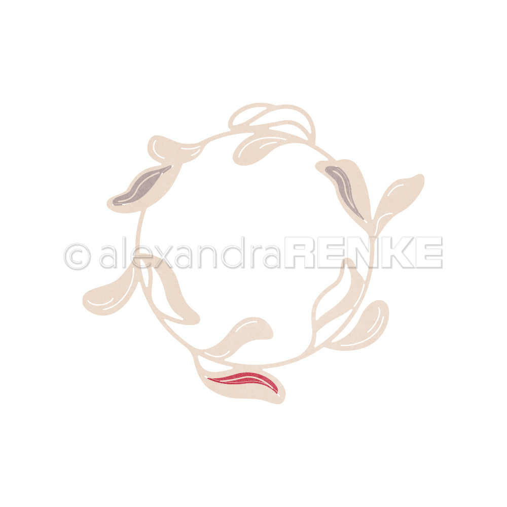 Zarter kreisförmiger Kranz mit beigen und gedeckten Blättern auf weißem Grund, gefertigt mit der Motivstanze Großer Mistelkranz von Alexandra Renke - ideal zur Verschönerung Ihrer Designpapiere und kreativen Stanzsysteme.