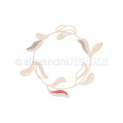 Zarter kreisförmiger Kranz mit beigen und gedeckten Blättern auf weißem Grund, gefertigt mit der Motivstanze Großer Mistelkranz von Alexandra Renke - ideal zur Verschönerung Ihrer Designpapiere und kreativen Stanzsysteme.