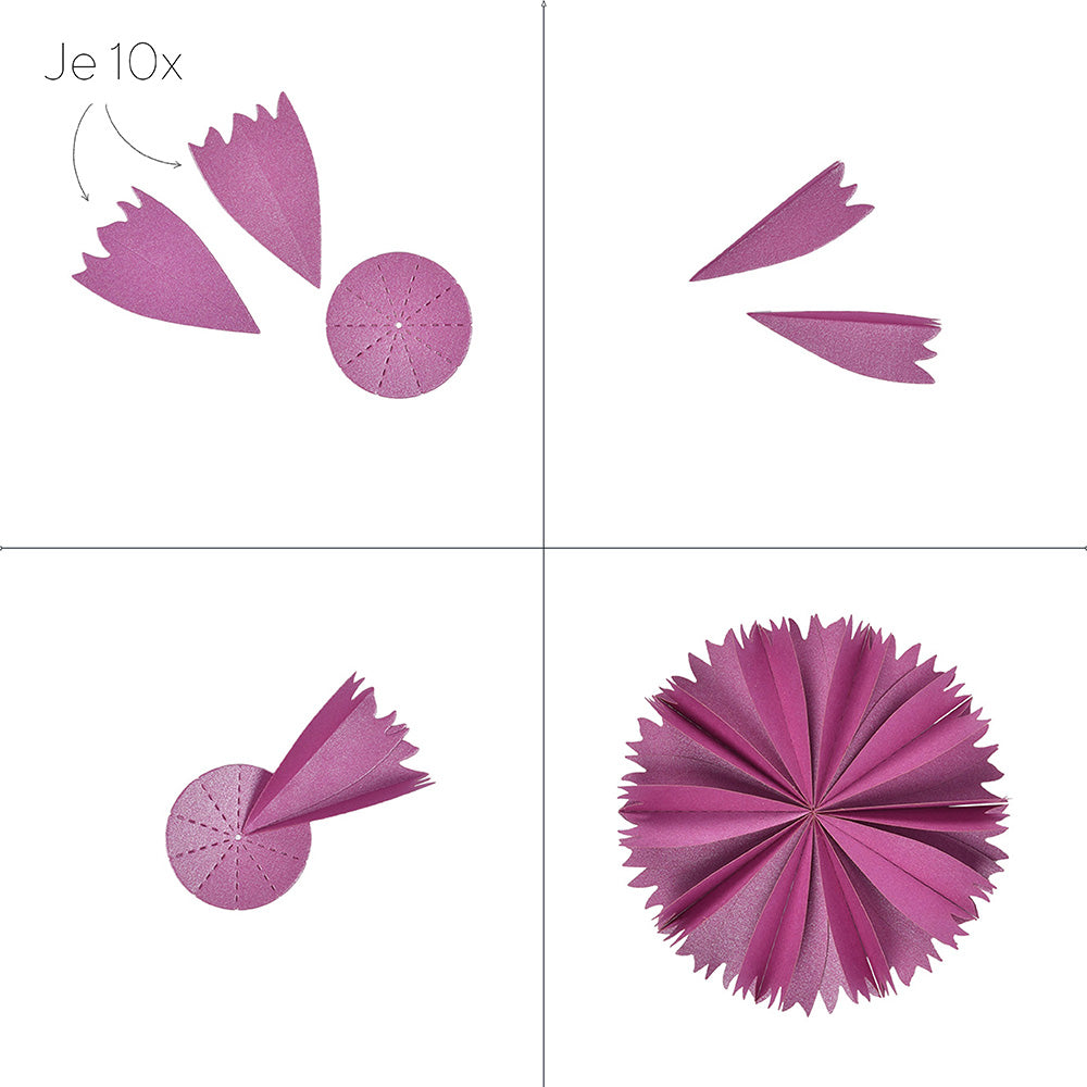 Anleitung in vier Schritten zur Gestaltung einer lila Papierrosette mit gefalteten und geschnittenen Alexandra Renke Designpapieren und einer Motivstanze Faltblume.