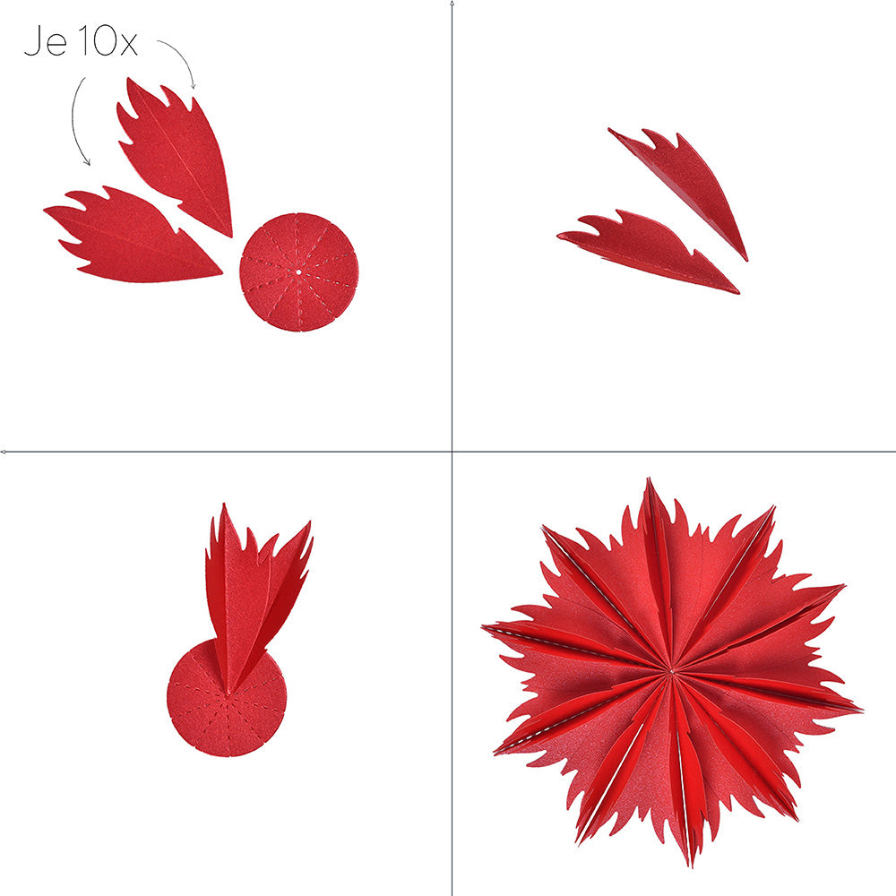 Schritt-für-Schritt-Anleitung zum Zusammensetzen einer roten Papierblume aus zehn flammenförmigen Teilen mit Alexandra Renke Designpapieren und der Motivstanze Faltblume.