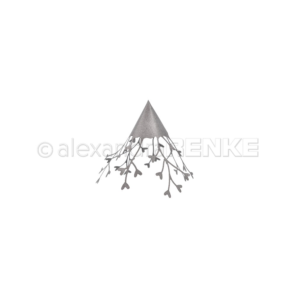 Ein graues Dreieck mit verzweigten Linien und herzförmigen Enden wächst nach unten und erinnert an einen Alexandra Renke Herzchen-Anhänger - eine ideale Inspiration für Stanzen für Designpapier-Projekte - auf weißem Hintergrund.