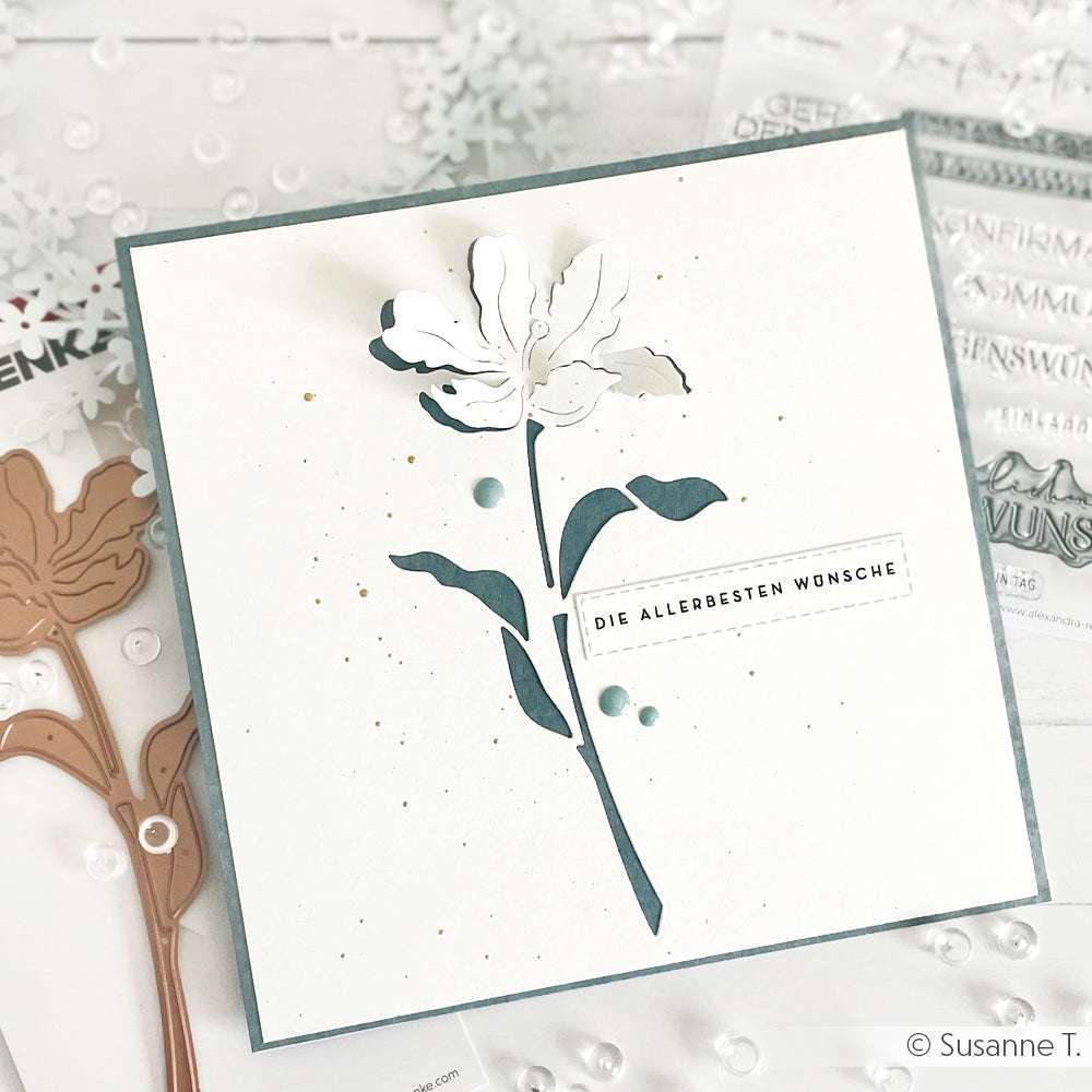 Quadratische Karte von Alexandra Renke mit einem minimalistischen Negativ-Blume 5-Blumenmotiv und dem Text "DIE ALLERBESTEN WÜNSCHE" auf Weiß, präzise mit DieCut Systemen hergestellt.