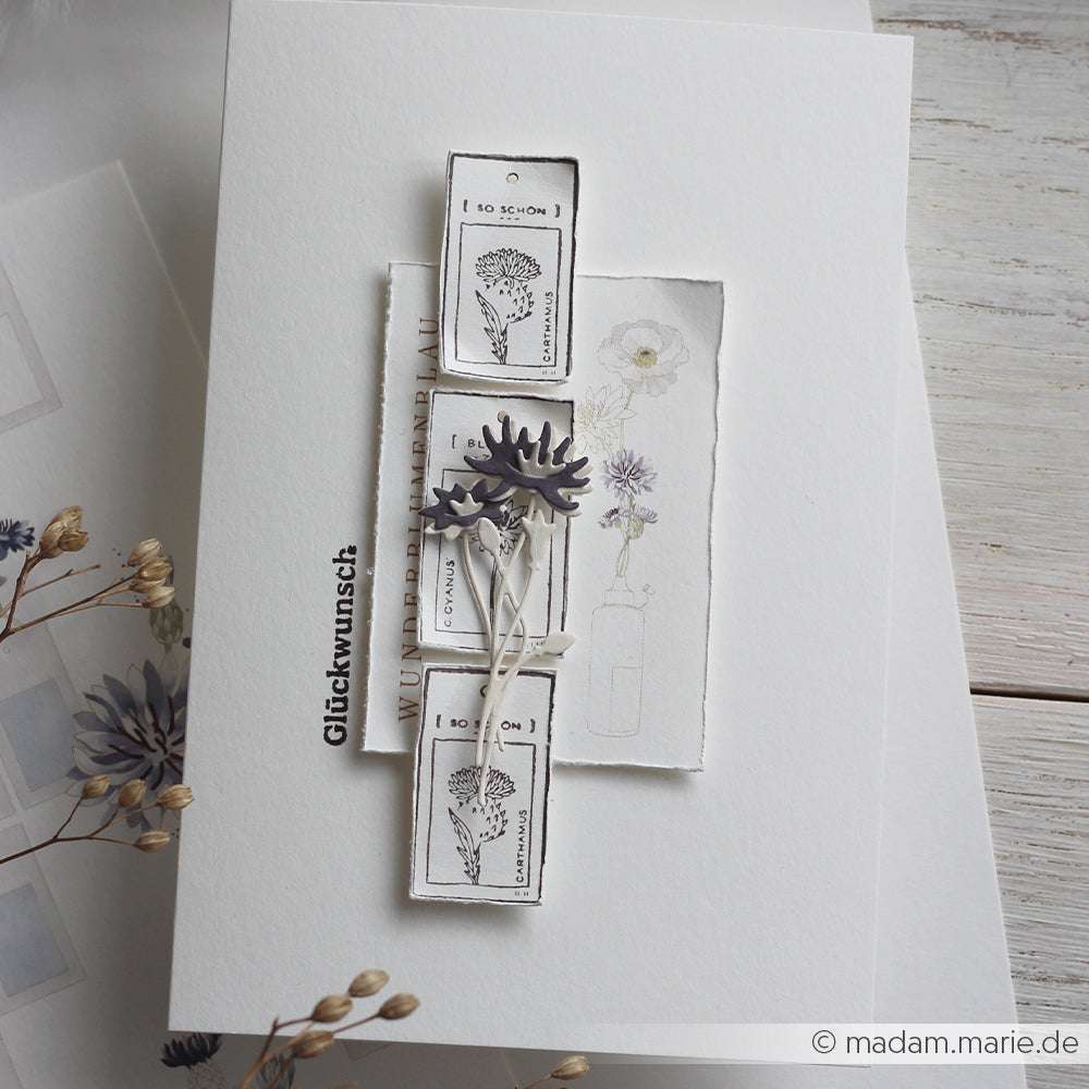 Eine handgefertigte Karte von Alexandra Renke zeigt getrocknete Blumen, florale Skizzen und den deutschen Text "Glückwunsch" auf weißem Papier, hergestellt mit PAPPcut und Deep Edge Motivstanzen für komplizierte Details.