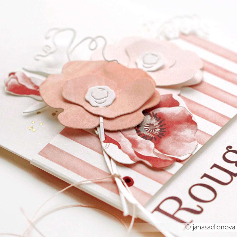 Handgefertigte Karte mit geschichteten rosa Papierblumen, gestreiftem Hintergrund und dem Wort "Rough", das teilweise abgebildet ist - hergestellt mit Alexandra Renke Deep Edge Motivstanzen für scharfe, detaillierte Akzente.
