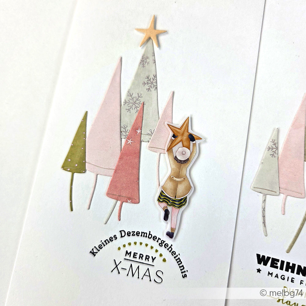 Handgemachte Weihnachtskarte von Alexandra Renke mit pastellfarbenen Bäumen aus dem Motivstanze Schiefe Tannen-Set, einem Mädchen, das einen Stern aufstellt, und dem Text "Kleines Dezembergeheimnis" und "Merry X-MAS".