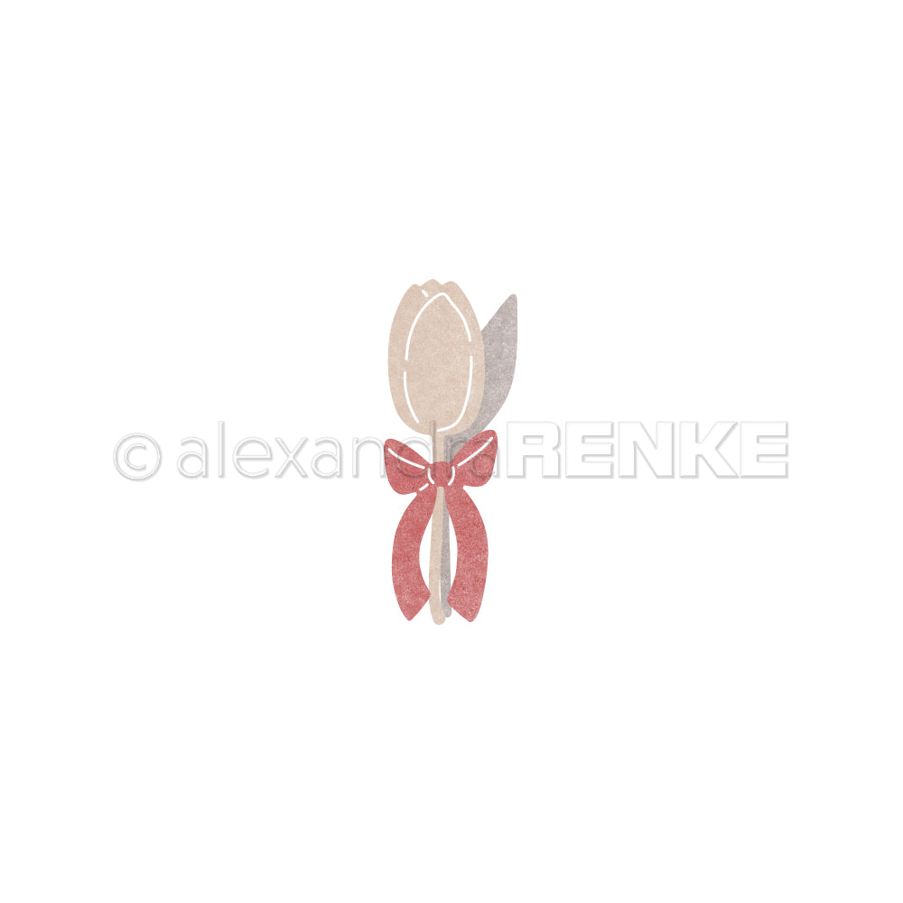 Illustration eines Löffels und eines Messers, gebunden mit einer roten Schleife auf weißem Hintergrund - perfekt für Alexandra Renke DieCut Systeme oder um Ihren Designpapier Stanzen Projekten Charme zu verleihen.
