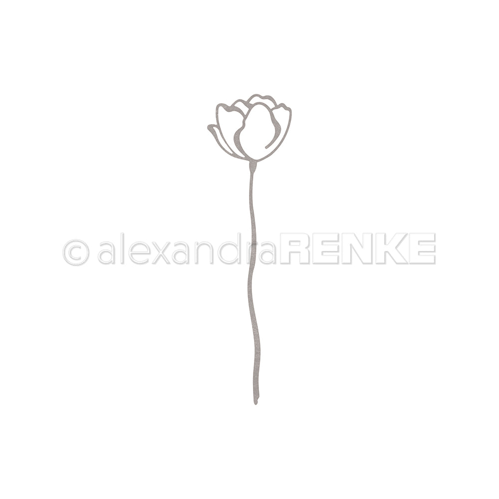 Minimalistische Linienzeichnung einer einzelnen Blume mit langem Stiel, inspiriert von Alexandra Renke, auf weißem Hintergrund - ideal, um Ihren Designpapieren oder DieCut Systemen Eleganz zu verleihen.