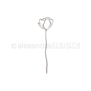 Minimalistische Linienzeichnung einer einzelnen Blume mit langem Stiel, inspiriert von Alexandra Renke, auf weißem Hintergrund - ideal, um Ihren Designpapieren oder DieCut Systemen Eleganz zu verleihen.