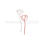 Zwei konturierte Mohnblumen, eine graue und eine rote, schmücken einen weißen Hintergrund in schlichter Eleganz, inspiriert von Alexandra Renke Designs.
