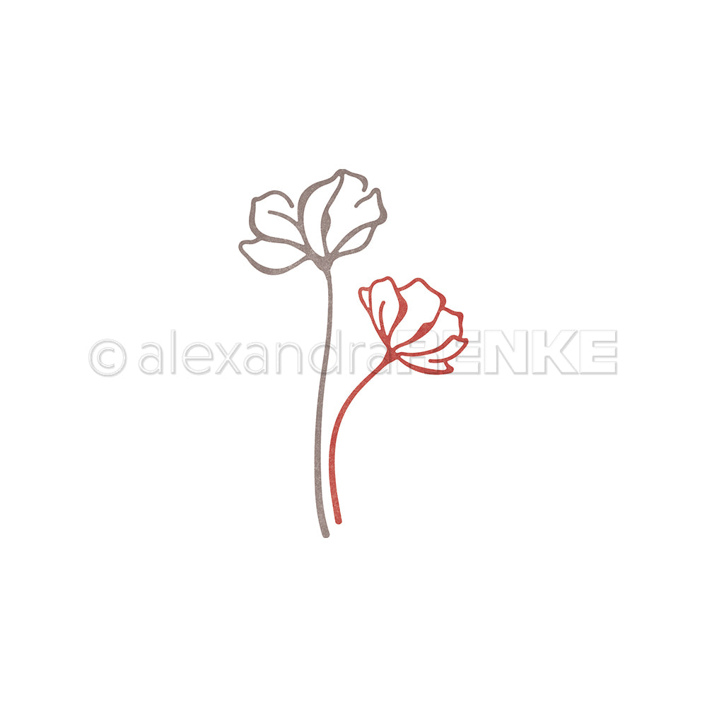 Minimalistische Strichzeichnung zweier Blumen - eine braune, eine rote - auf weißem Hintergrund, ideal als Motivstanze Lineart Fächerblumen von Alexandra Renke für DieCut Systeme oder Designpapier Stanzen Projekte.