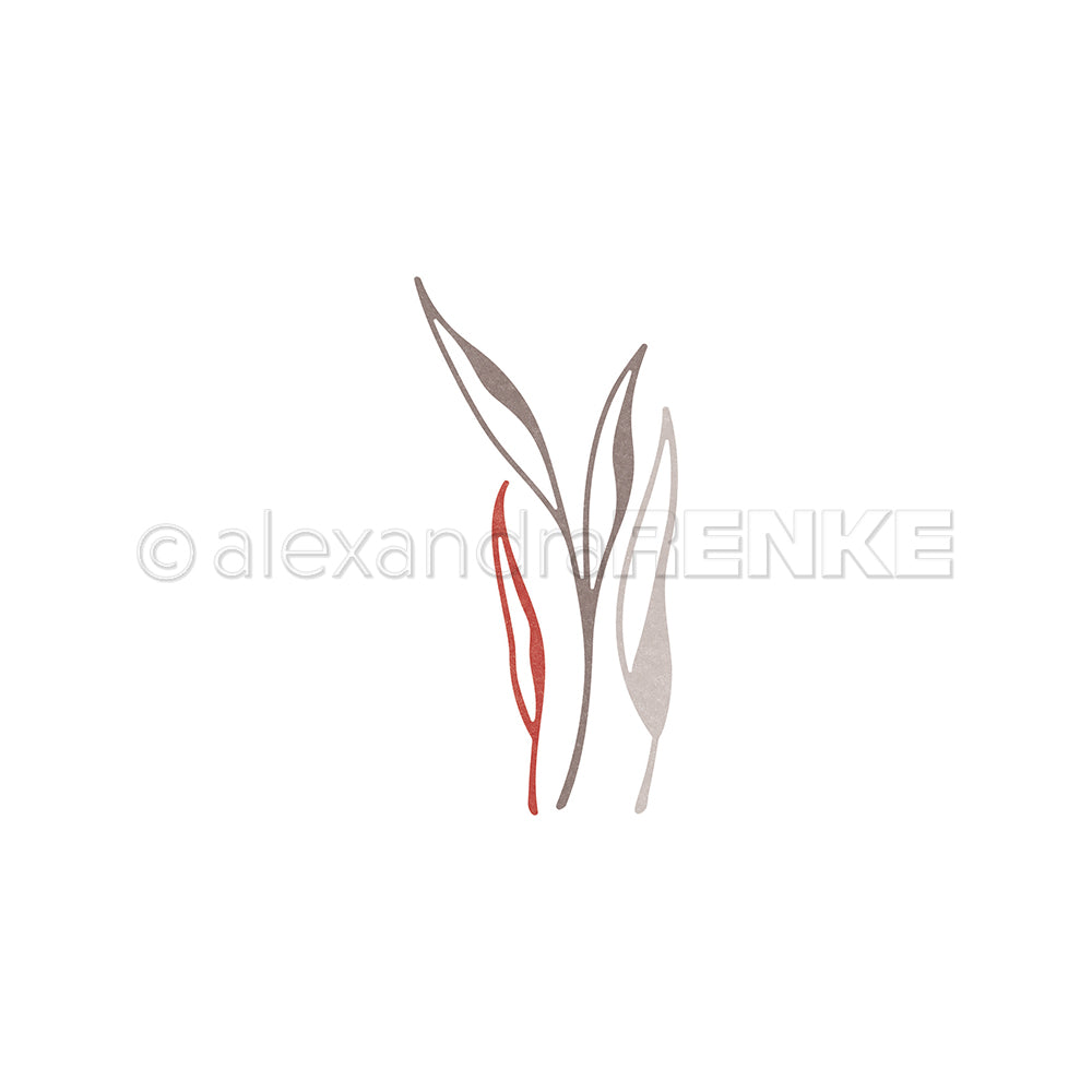 Minimalistische Illustration von drei abstrakten Blättern - zwei graue, ein rotes - auf weißem Hintergrund. Perfekt für Alexandra Renke Designs oder zum Basteln mit Lineart Blattwerk und DieCut Systemen.
