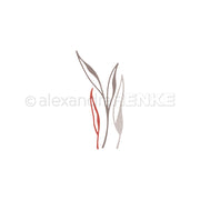 Minimalistische Illustration von drei abstrakten Blättern - zwei graue, ein rotes - auf weißem Hintergrund. Perfekt für Alexandra Renke Designs oder zum Basteln mit Lineart Blattwerk und DieCut Systemen.