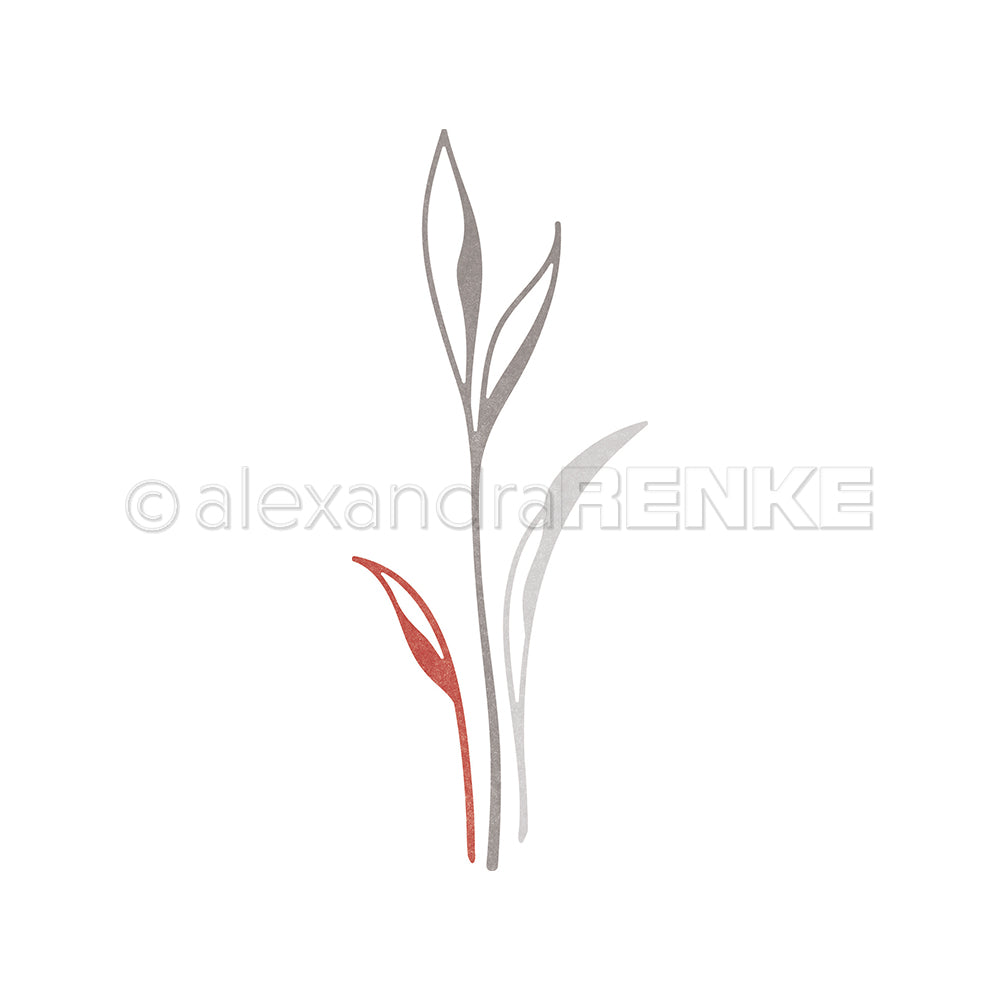 Die minimalistische Illustration von Alexandra Renke, inspiriert von der Motivstanze Lineart Blattwerk, zeigt drei abstrakte Pflanzenstängel (zwei graue, ein roter) auf Weiß - perfekt für Designpapiere oder moderne Stanzsysteme.