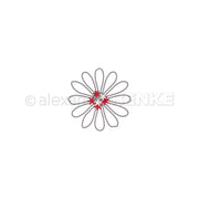 Eine bezaubernde, gänseblümchenähnliche Blume, die mit den Alexandra Renke Motivstanze Margerite Stanzformen hergestellt wurde - graue Blütenblätter, rote Akzente in der Mitte, auf weißem Hintergrund - verleiht Ihren Designpapieren eine perfekte Note.