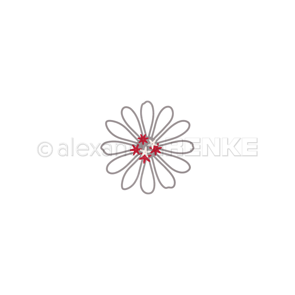 Eine bezaubernde, gänseblümchenähnliche Blume, die mit den Alexandra Renke Motivstanze Margerite Stanzformen hergestellt wurde - graue Blütenblätter, rote Akzente in der Mitte, auf weißem Hintergrund - verleiht Ihren Designpapieren eine perfekte Note.