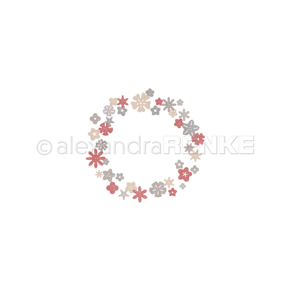Ein kreisförmiger Kranz von Alexandra Renke mit kleinen rosa, roten und beigen Blüten auf weißem Grund - ideal für Designpapiere oder zur Kombination mit Ihren Lieblings-Stanzsystemen mit einer Motivstanze Streublümchen.