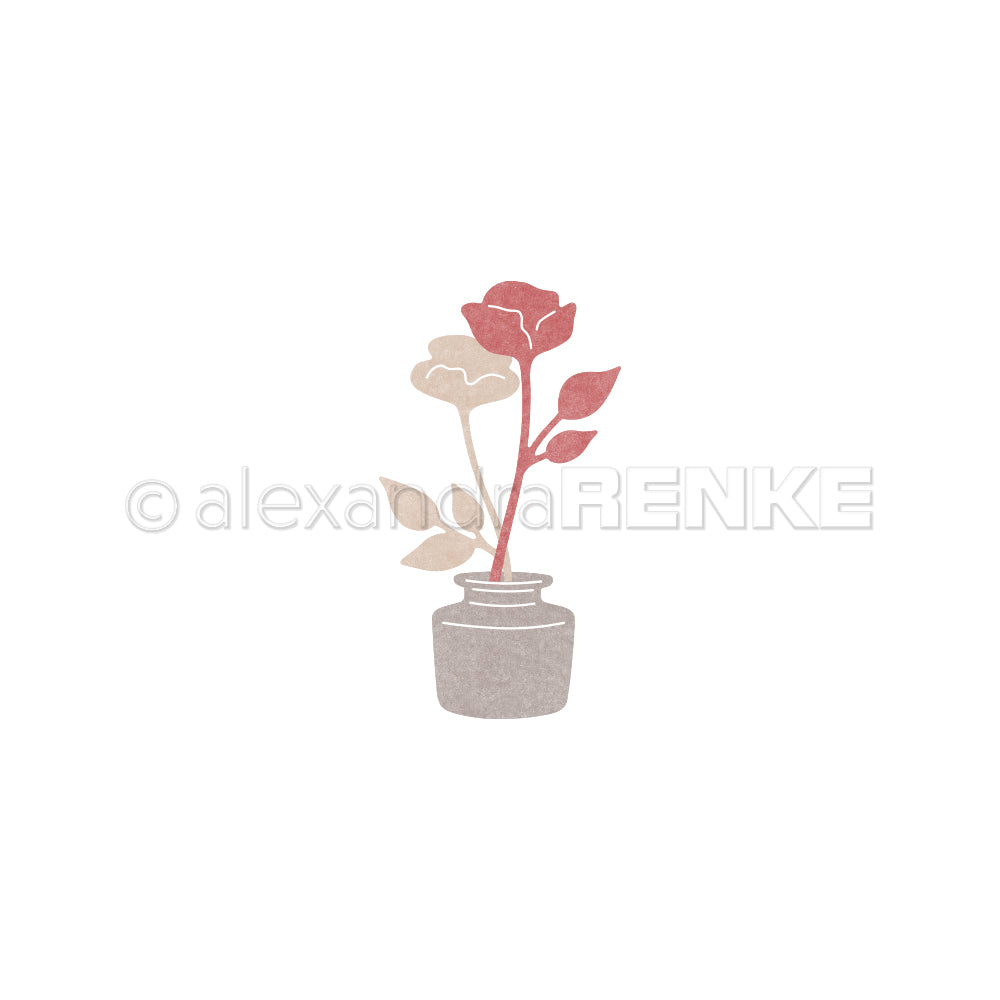 Minimalistische Illustration einer Vase mit drei einfachen Blumen in gedämpften Rosa- und Beigetönen, inspiriert von Alexandra Renke für elegantes Designpapier.
