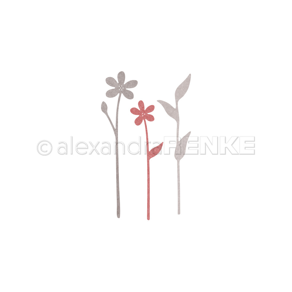 Minimalistische Illustration von vier schlichten Blüten und Blättern in gedämpftem Rosa und Grau auf Weiß, perfekt mit Alexandra Renke Motivstanze Zarte Blüten oder in Kombination mit eleganten Alexandra Renke Designpapieren.