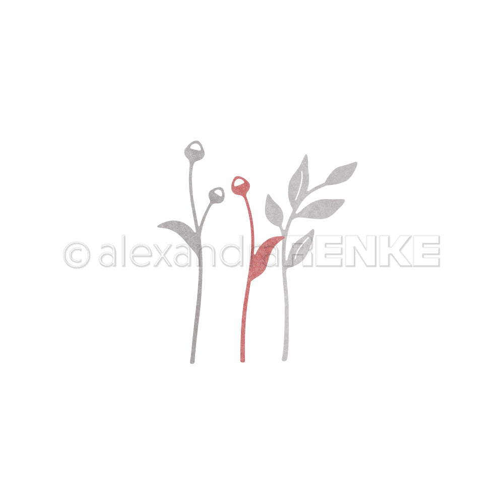 Minimalistische Illustration von drei einfachen Pflanzen - eine rot, zwei grau - auf weiß von Alexandra Renke; ideal für Stanzsysteme oder als Inspiration für Motivstanze Florale Momente auf Ihren Lieblingsdesignpapieren.