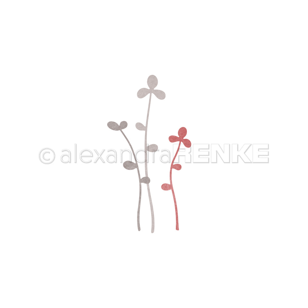 Minimalistische Illustration dreier Pflanzenstängel - zwei grau, einer rosa - mit kleinen runden Blättern von Alexandra Renke; ideales Motiv für Dies und Motivstanze in kreativen Stanzsystemen.