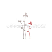 Minimalistische Illustration dreier Pflanzenstängel - zwei grau, einer rosa - mit kleinen runden Blättern von Alexandra Renke; ideales Motiv für Dies und Motivstanze in kreativen Stanzsystemen.