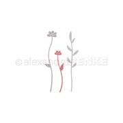 Minimalistische Illustration dreier schlichter Blumen, zwei graue und eine rote, auf Weiß - perfekt zum Basteln mit Stanzsystemen oder zur Kombination mit Designpapieren von Alexandra Renke.