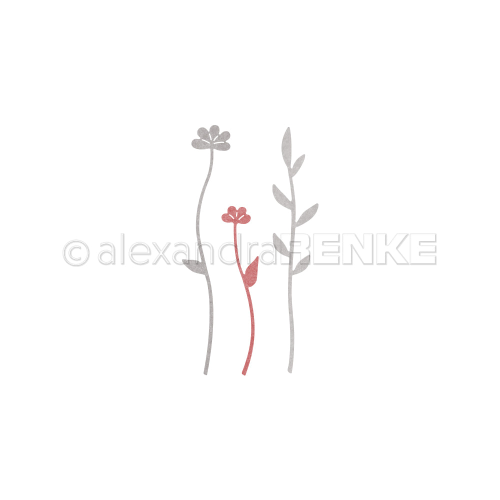 Minimalistische Illustration dreier schlichter Blumen, zwei graue und eine rote, auf Weiß - perfekt zum Basteln mit Stanzsystemen oder zur Kombination mit Designpapieren von Alexandra Renke.