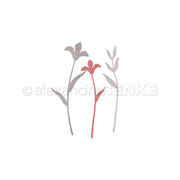 Minimalistische Illustration von drei zarten Blumen - zwei graue, eine rote - im Stil von Alexandra Renke auf weißem Hintergrund.