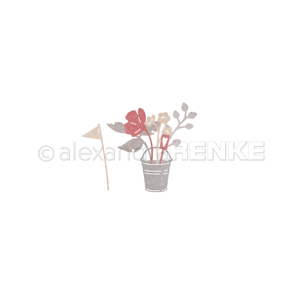 Minimalistische Illustration eines Blumentopfes mit roten und beigen Blumen, gestaltet mit Alexandra Renke Designpapieren und dem Motivstanze Gartengrüße Set, neben einer kleinen beigen Fahne auf einem Stock.