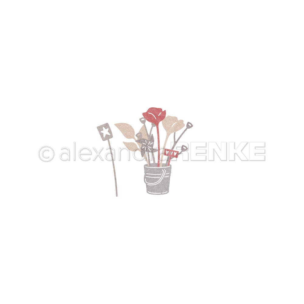 Bezaubernde Illustration einer Topfpflanze mit roten und beigen Blüten neben einem kleinen sternförmigen Stab, ideal zur Aufwertung Ihrer Designpapiere oder in Kombination mit dem Motivstanze Gartenfreude Set von Alexandra Renke.