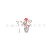 Bezaubernde Illustration einer Topfpflanze mit roten und beigen Blüten neben einem kleinen sternförmigen Stab, ideal zur Aufwertung Ihrer Designpapiere oder in Kombination mit dem Motivstanze Gartenfreude Set von Alexandra Renke.
