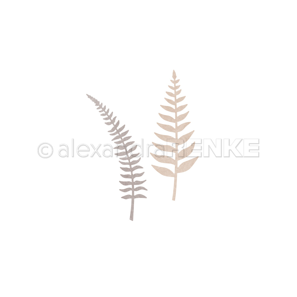 Zwei minimalistische, pastellfarbene Farnblätter – Motivstanze „Farnzweige Duo“ – sind elegant auf einem weißen Hintergrund angeordnet und eignen sich perfekt, um Ihre Designpapiere aufzuwerten oder kreativen Stanzsystem-Projekten einen dezenten botanischen Akzent zu verleihen.