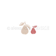 Minimalistische Illustration von zwei Birnen – eine beige und eine rote –, gestaltet im Stil von „Motivstanze Birnen Duo“, mit einfachen Blättern auf weißem Hintergrund.