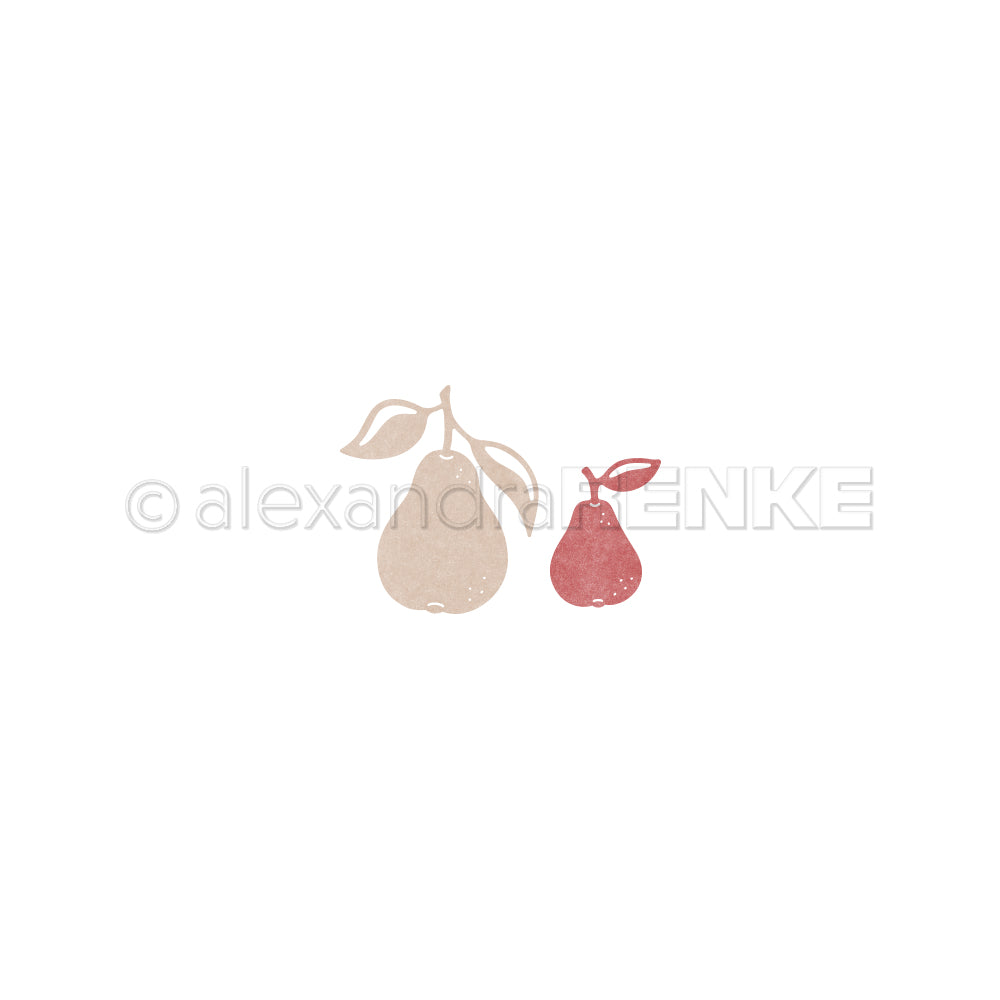 Minimalistische Illustration von zwei Birnen – eine beige und eine rote –, gestaltet im Stil von „Motivstanze Birnen Duo“, mit einfachen Blättern auf weißem Hintergrund.