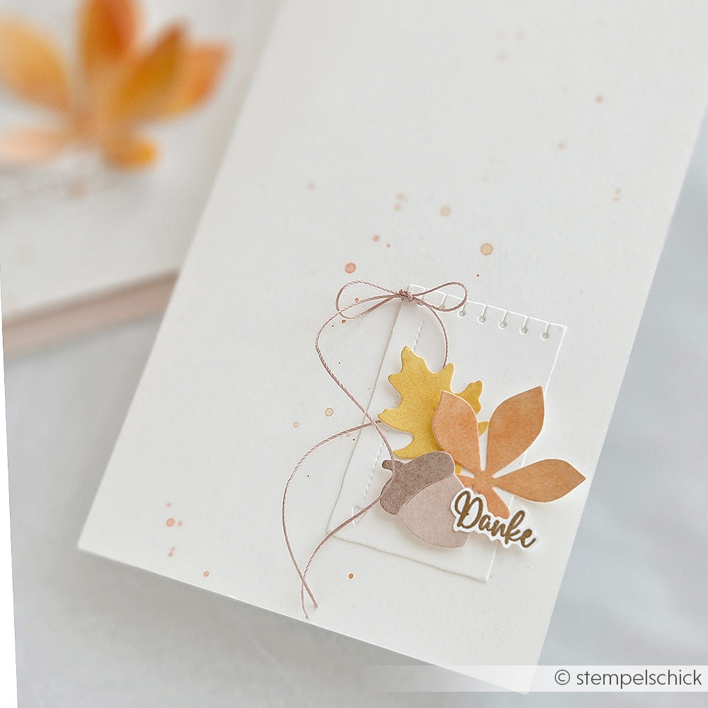 Handgefertigte Karte mit Herbstblättern, gestaltet mit der Motivstanze „Herbstlaub“, einer Eichel und dem Schriftzug „Danke“ auf weißem Papier, verziert mit einer dünnen Schnur und eleganten Designpapieren.