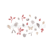 Illustrationen von herbstlichen Naturmotiven wie Blättern, Pilzen, Beeren und Insekten auf weißem Hintergrund – perfekt für die Verwendung mit Stanzsystemen oder zur Gestaltung eigener Designpapiere. Diese Motive eignen sich ideal für saisonale Bastelprojekte wie beispielsweise die Motivstanze „Herbstkonfetti“.