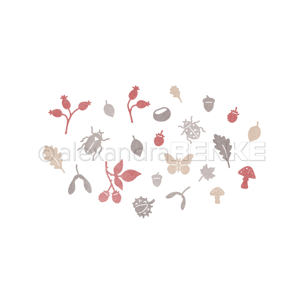 Illustrationen von herbstlichen Naturmotiven wie Blättern, Pilzen, Beeren und Insekten auf weißem Hintergrund – perfekt für die Verwendung mit Stanzsystemen oder zur Gestaltung eigener Designpapiere. Diese Motive eignen sich ideal für saisonale Bastelprojekte wie beispielsweise die Motivstanze „Herbstkonfetti“.